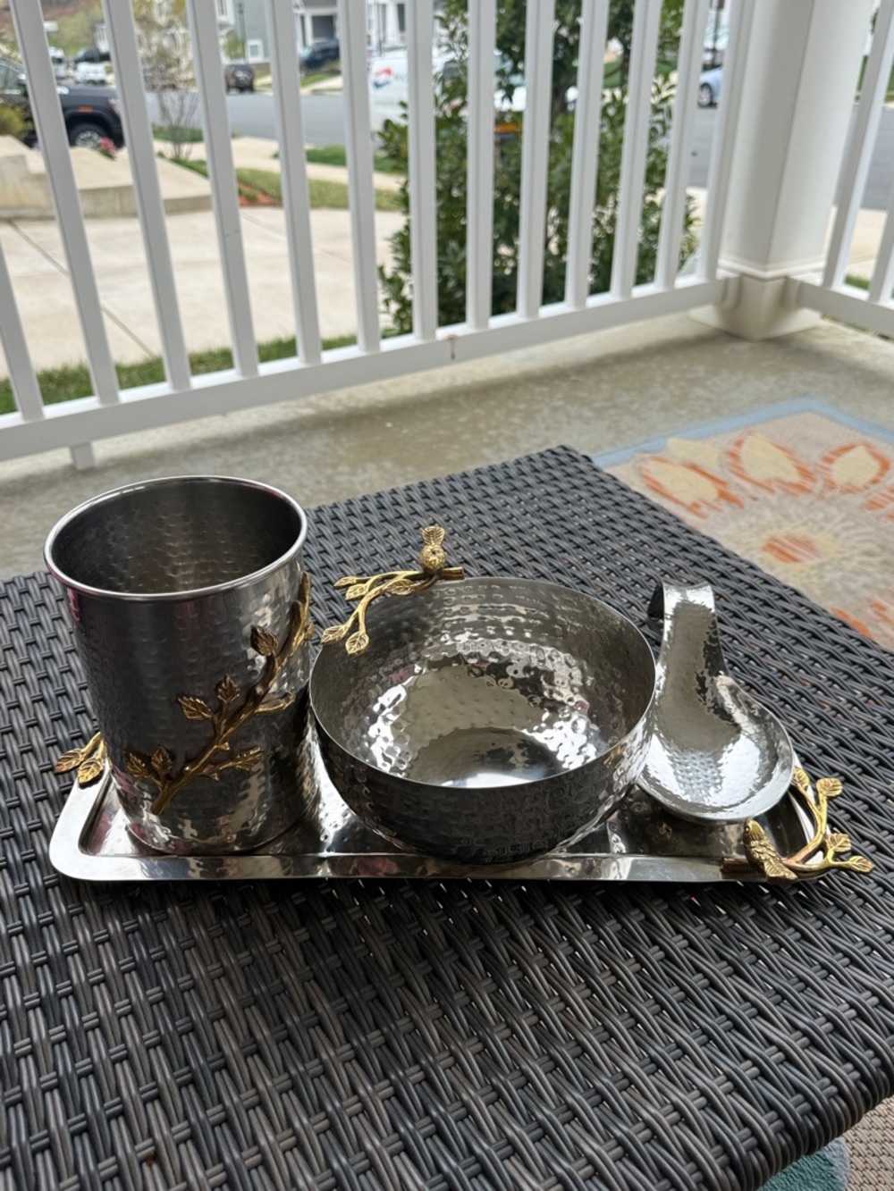 Hammered Silver Serving Set with Gold Leaf Accents - Elegant Home Dining